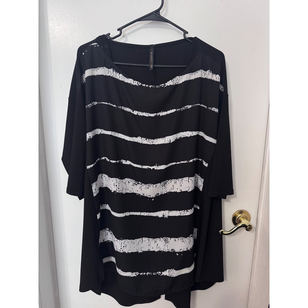 IC by Connie K Womens Black White Striped Tunic Top Short Sleeve Scoop Neck L